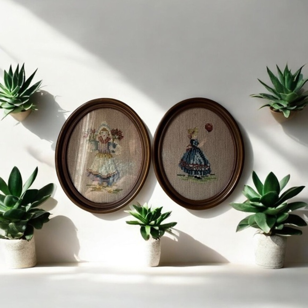 Vintage needle point Wall Art Set of 2 Victorian ladies with flowers